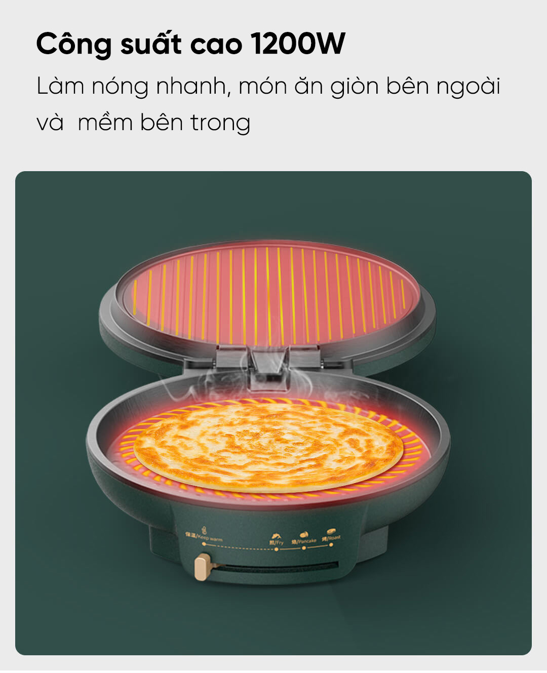 Chảo nướng điện đa năng Xiaomi cho công suất cao lên đến 1200W; làm nóng nhanh, món ăn giòn bên ngoài và mềm bên trong