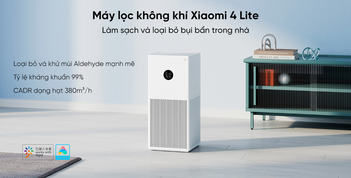 Máy lọc không khí Xiaomi 4 Lite làm sạch, loại bỏ và khử mùi Aldehyde mạnh mẽ. Tỷ lệ kháng khuẩn 99%. CADR dạng hạt 380m³/h