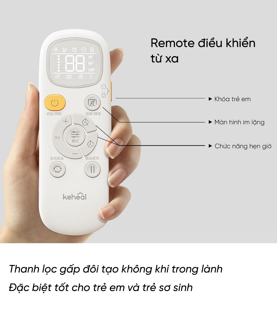 Remote điều khiển từ xa gồm các nút: Bật/Tắt nguồn, chức năng hẹn giờ, màn hinh im lặng
